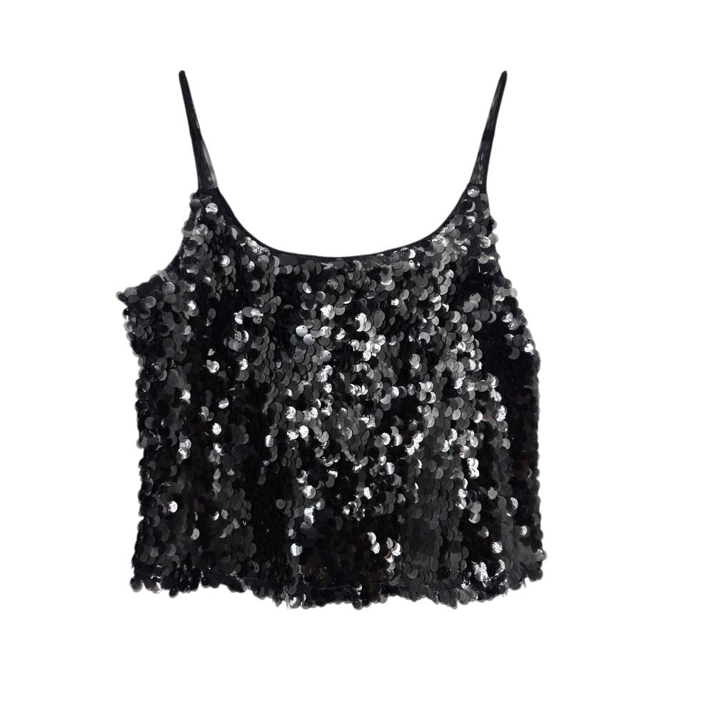 NWT Wayf Black Sequin Mesh Cropped Spaghetti Strap Cami Tank Top Size M